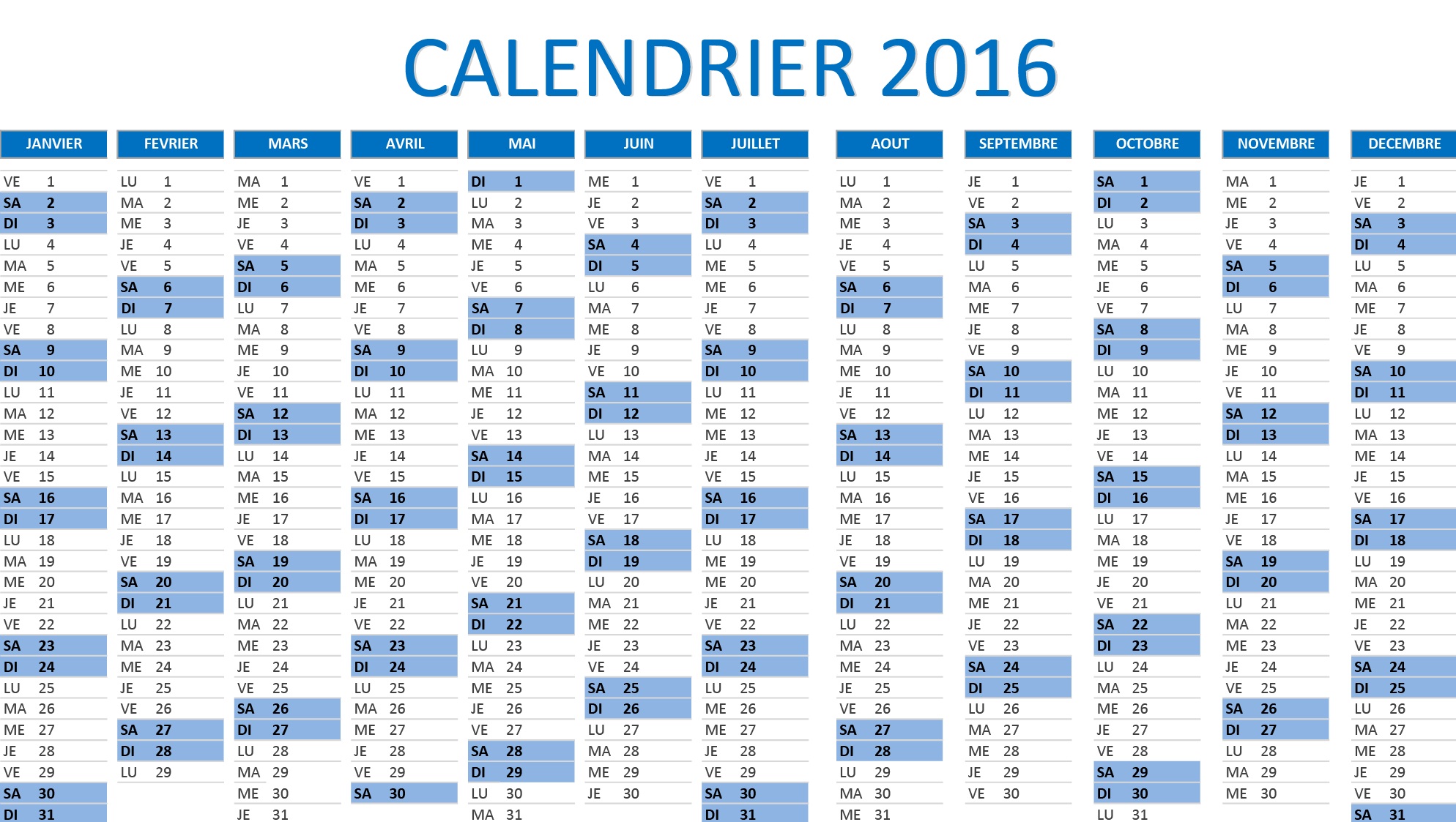 calendrier 2016